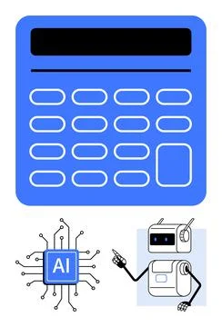 Digital calculator AI chip, robot pointing. Ideal for technology, AI, automat Illustrazione stock