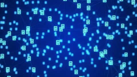 Digital Calculator Icons Connected in Blue Network – Financial Technology Stock Footage 333498059