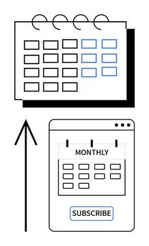 Digital calendar setup for monthly subscription with arrow showing progress Illustrazione stock