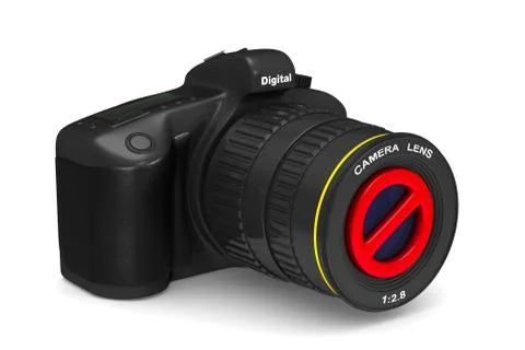 Digital camera and forbidden sign on white background. Isolated 3D illustrati Stock Illustration