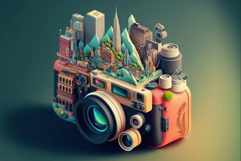 A digital camera with a city in the background and a camera lens in the for.. Stock Illustration