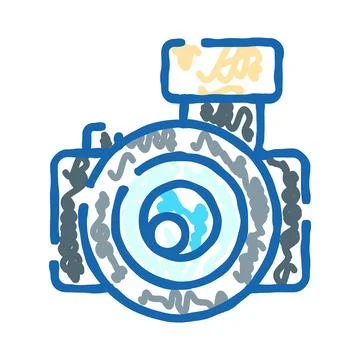 Digital camera with flash icon doodle drawing Stock Illustration