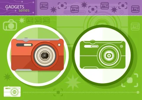 Digital camera in frame on green background 스톡 일러스트
