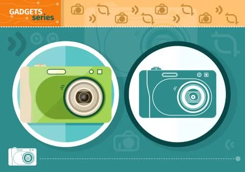 Digital camera in frame on green background 스톡 일러스트