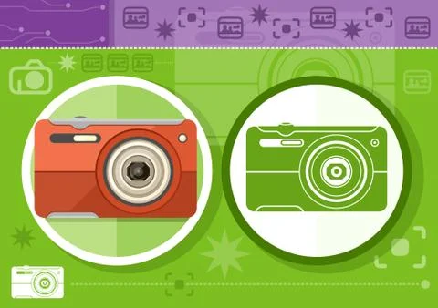 Digital camera in frame on green background 스톡 일러스트