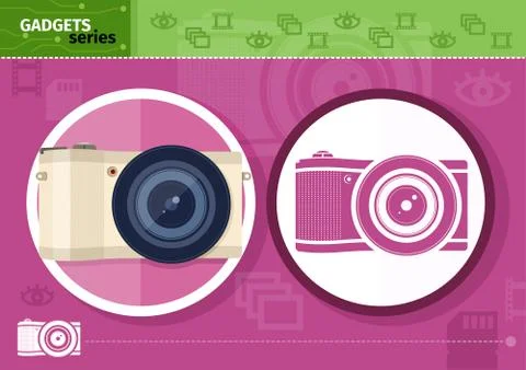 Digital camera in frame on lilac background 스톡 일러스트