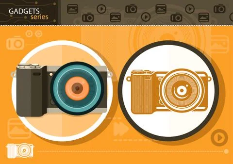 Digital camera in frame on orange background 스톡 일러스트