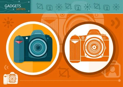 Digital camera in frame on orange background 스톡 일러스트