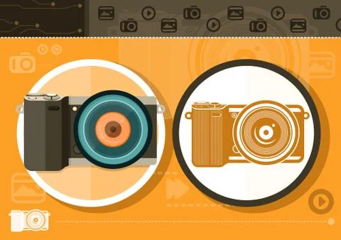 Digital camera in frame on orange background 스톡 일러스트
