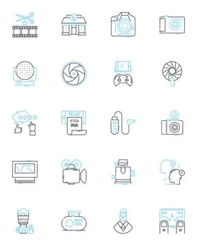 Digital camera linear icons set. Photography, Lens, Zoom, Focus, Shutter, ISO Stock Illustration