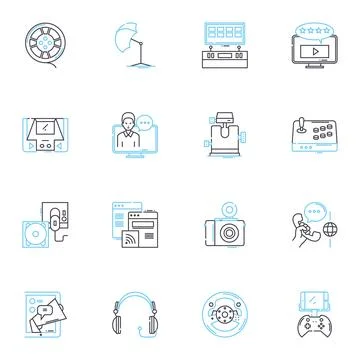 Digital camera linear icons set. Photography, Lens, Zoom, Focus, Shutter, ISO Stock Illustration
