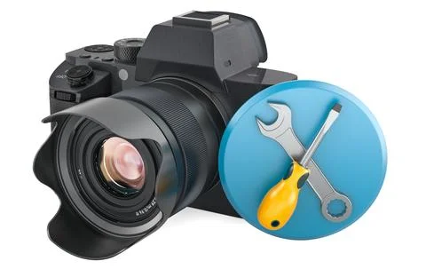Digital camera with repair tools icon. Camera repair, photography service, .. Stock Illustration