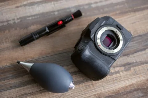 Digital camera sensor cleaning set kit: air blower and brush Stock Photos