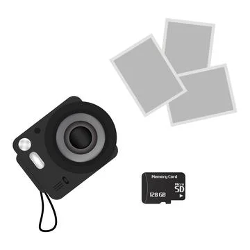 Digital camera set, photo mockup, and camera memory card Stock Illustration