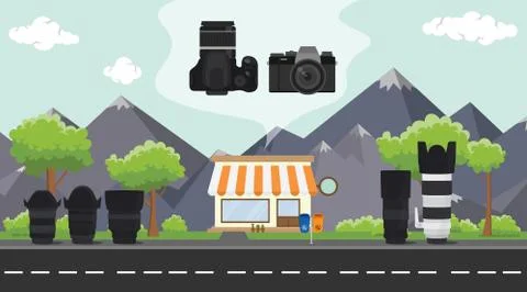 Digital camera store on sidewalk with tree and mountain as background Stock-Illustration