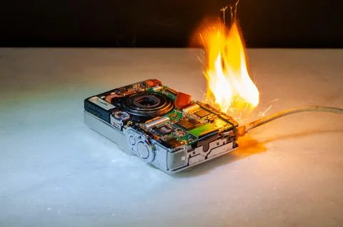 Digital camera without housing burning on circuit board with flame as short c Stock Photos