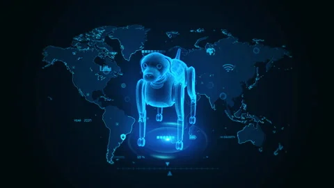 Digital Canine Over Global Tech Map - Futuristic Dog Imagery and AI Integrati Stock Footage 341675445