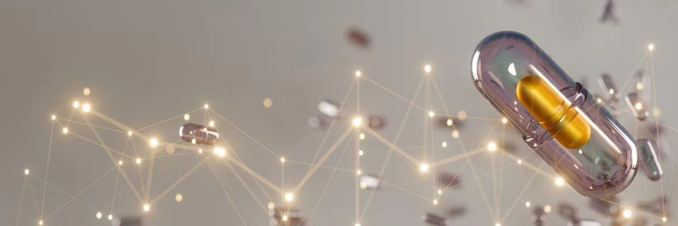 Digital capsule and molecular network representing futuristic medicine Illustrazione stock