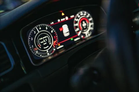 Digital car dashboard displaying modern vehicle information Stock Photos
