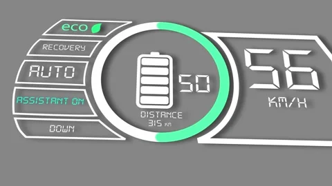 Digital car dashboard with navigation, speedometer, battery indicator. Electric Vídeo Stock 329414698