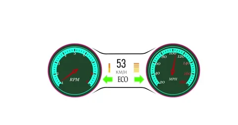 Digital car dashboard with navigation speedometer battery indicator animation. E Vídeos de archivo 333262381