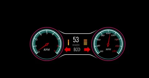 Digital car dashboard with navigation speedometer battery indicator animation. E Vídeos de archivo 333262385