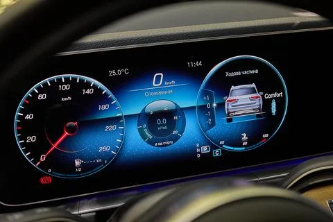 Digital car dashboard with speedometer and driving display Photos