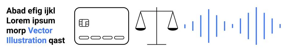 Digital card interface with sample text, visual scales representing justice a Illustrazione stock