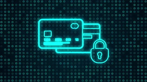 Digital card with padlock icon made of blue glowing particles on tech background Video stock 238566364