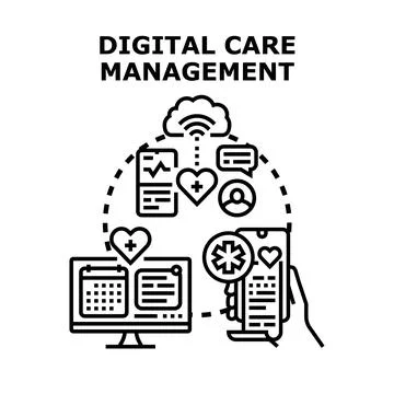 Digital care management system connecting health records online Stock Illustration