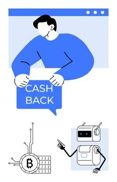 Digital Cash Back Concept with Tech Elements and Bitcoin Integration Highli.. Illustrazione stock