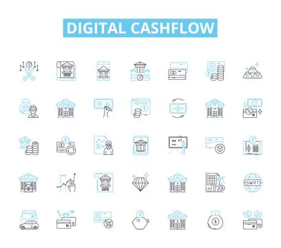 Digital cashflow linear icons set. Cryptocurrency, Blockchain, Transactions Stock Illustration
