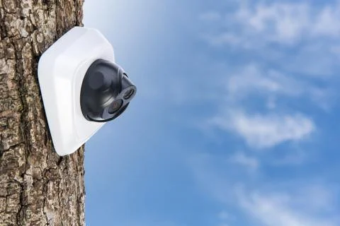 Digital CCTV camera on the oak tree trunk with blue sky on background, space  Fotos Stock