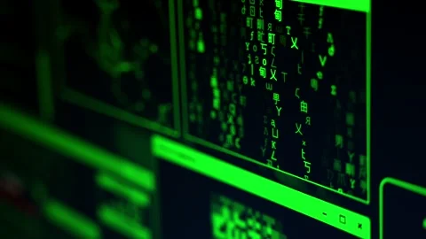 Digital characters and data on dark computer screen. Cyber security concept Stock Footage 320777564