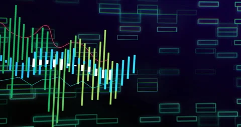 Digital chart showcasing neon bars rising, floating rectangular outlines 스톡 동영상 309101078