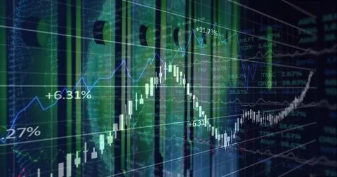 Digital chart showing in translucent trading UI with candlesticks, graphs, Illustrazione stock