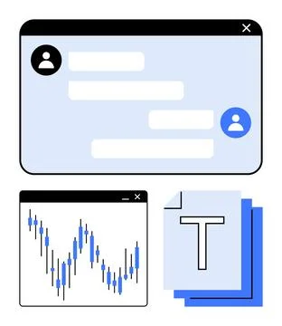 Digital Chat Interface, Stock Market Chart, and Document Icons Representing Stock Illustration