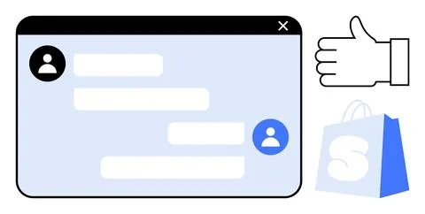 Digital Chat Interface with Thumbs Up and Shopping Bag Icons on Blue Backgrou 스톡 일러스트