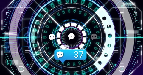 Digital chat notifications animating over futuristic circular interface on Video stock 303685698