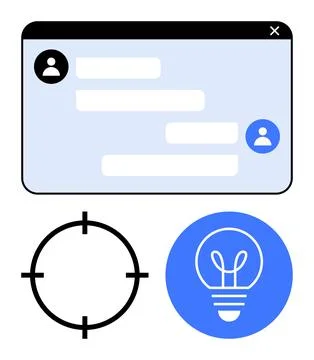 Digital chat window with user icons, target symbol, and light bulb icon repre Stock Illustration