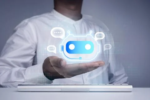 Digital chatbot concept. Virtual bot icon with speech balloons symbol on hand Stock Photos