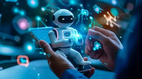 Digital chatbots on smartphones access data and information in online networks Stock Photos