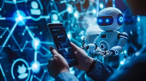 Digital chatbots on smartphones access data and information in online networks Stock Photos