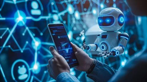 Digital chatbots on smartphones access data and information in online networks Stock Photos