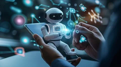 Digital chatbots on smartphones access data and information in online networks Stock Photos