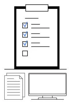 Digital Checklist on Clipboard with Completed Tasks, Document Papers, and C.. Stock Illustration