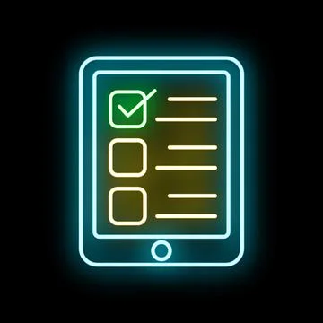 Digital checklist questionnaire on tablet neon icon Stock Illustration