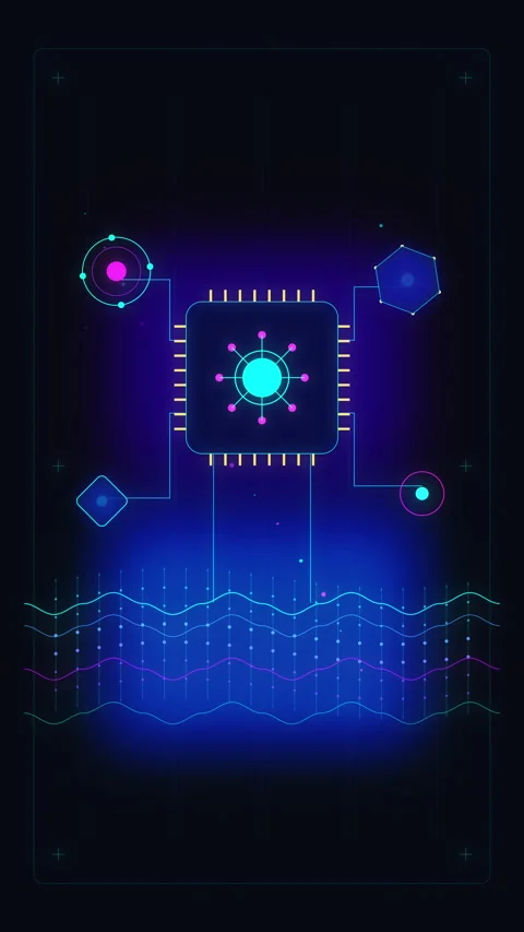 Digital chip circuit interface with data flow lines and neon light Stock Footage 348327988