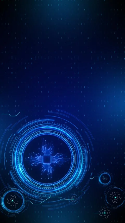 Digital chip gear dashboard with blue circular interface rings, code marks, and Stock-Footage 334124411