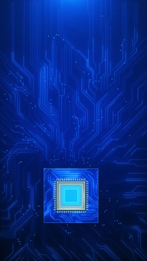 Digital chip technology circuit blue glowing processor, connected traces, electr Stock Footage 340456857